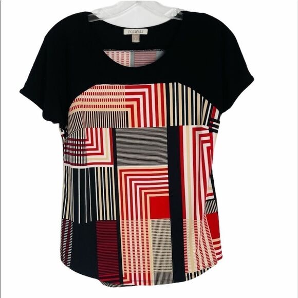 Roz & Ali Geometric Black Red Tan Too Size SP - Picture 1 of 5